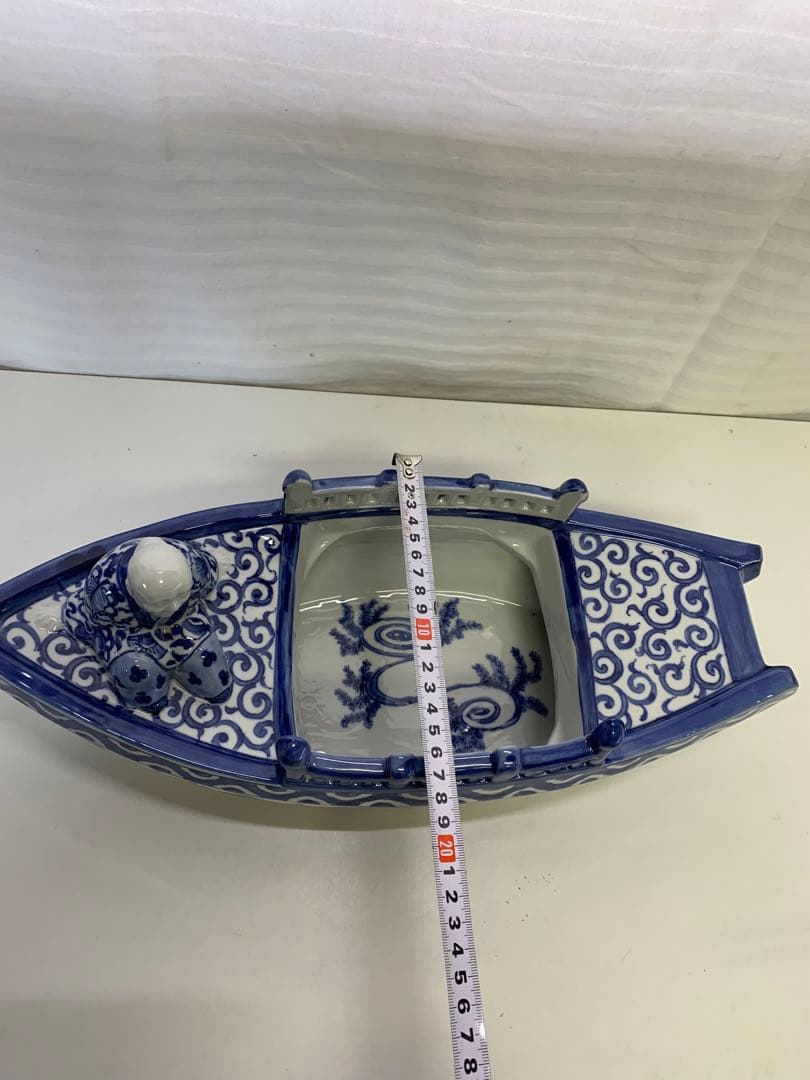 新品 九谷焼 染付 波千鳥 船置物 時代物 床飾り