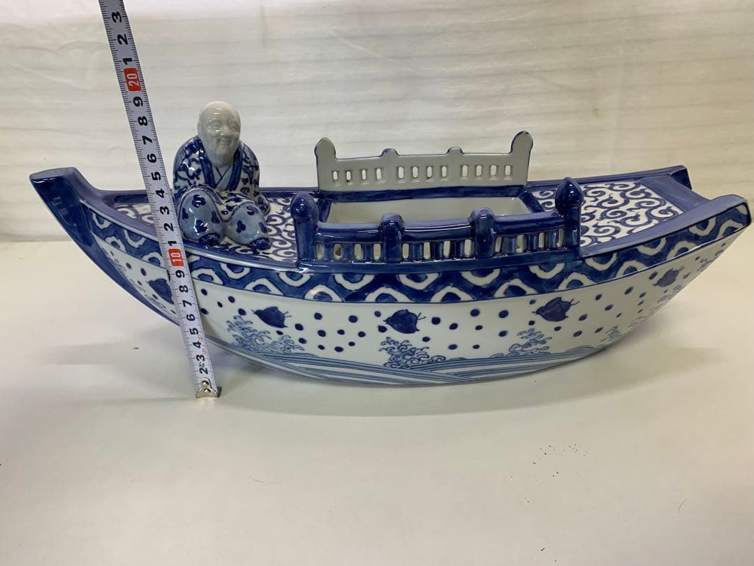新品 九谷焼 染付 波千鳥 船置物 時代物 床飾り