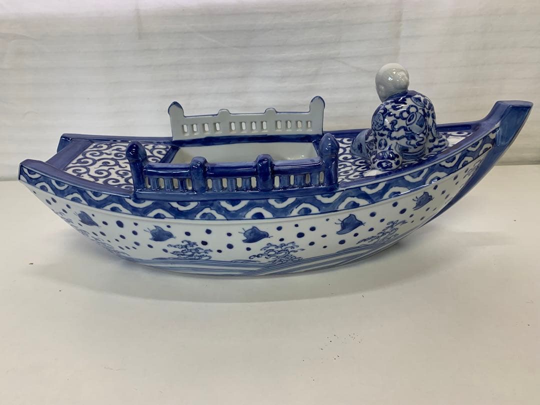 新品 九谷焼 染付 波千鳥 船置物 時代物 床飾り
