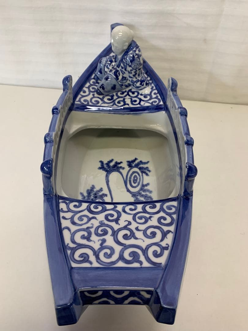 新品 九谷焼 染付 波千鳥 船置物 時代物 床飾り