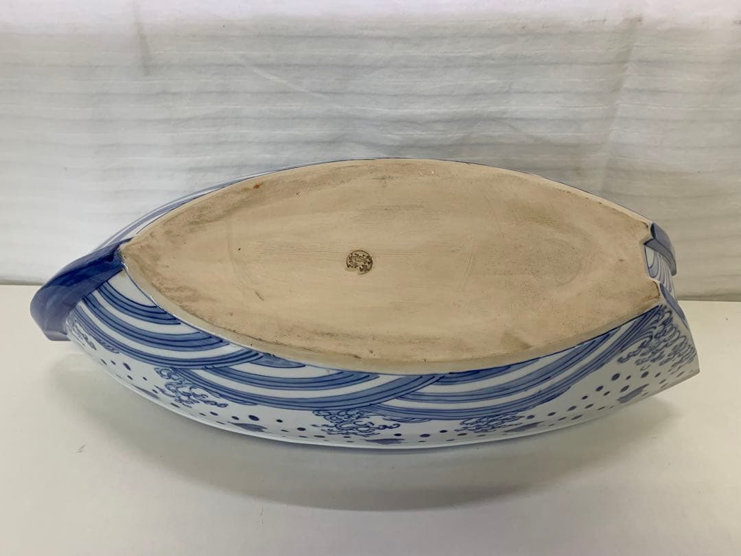 新品 九谷焼 染付 波千鳥 船置物 時代物 床飾り