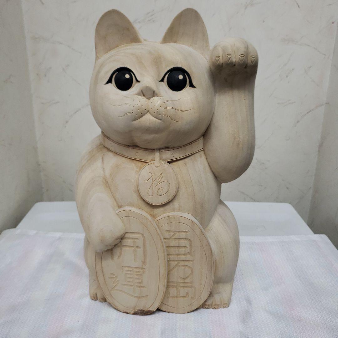 蔵出し特価　木曽御神木檜製　開運桧材 招き猫☆左手 約32cm