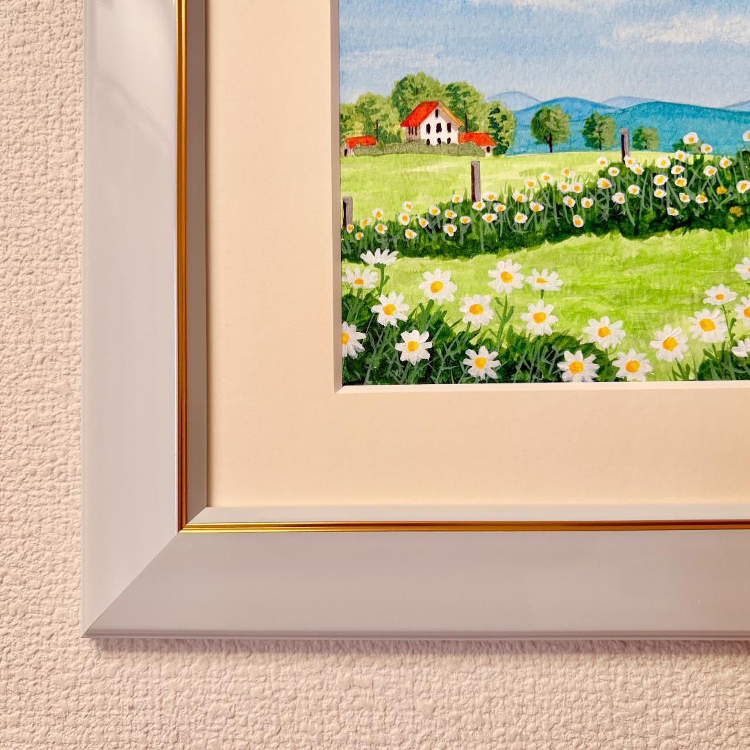 アクリル画　原画　「マーガレットの咲く高原02」額縁付　F0サイズ　風景画