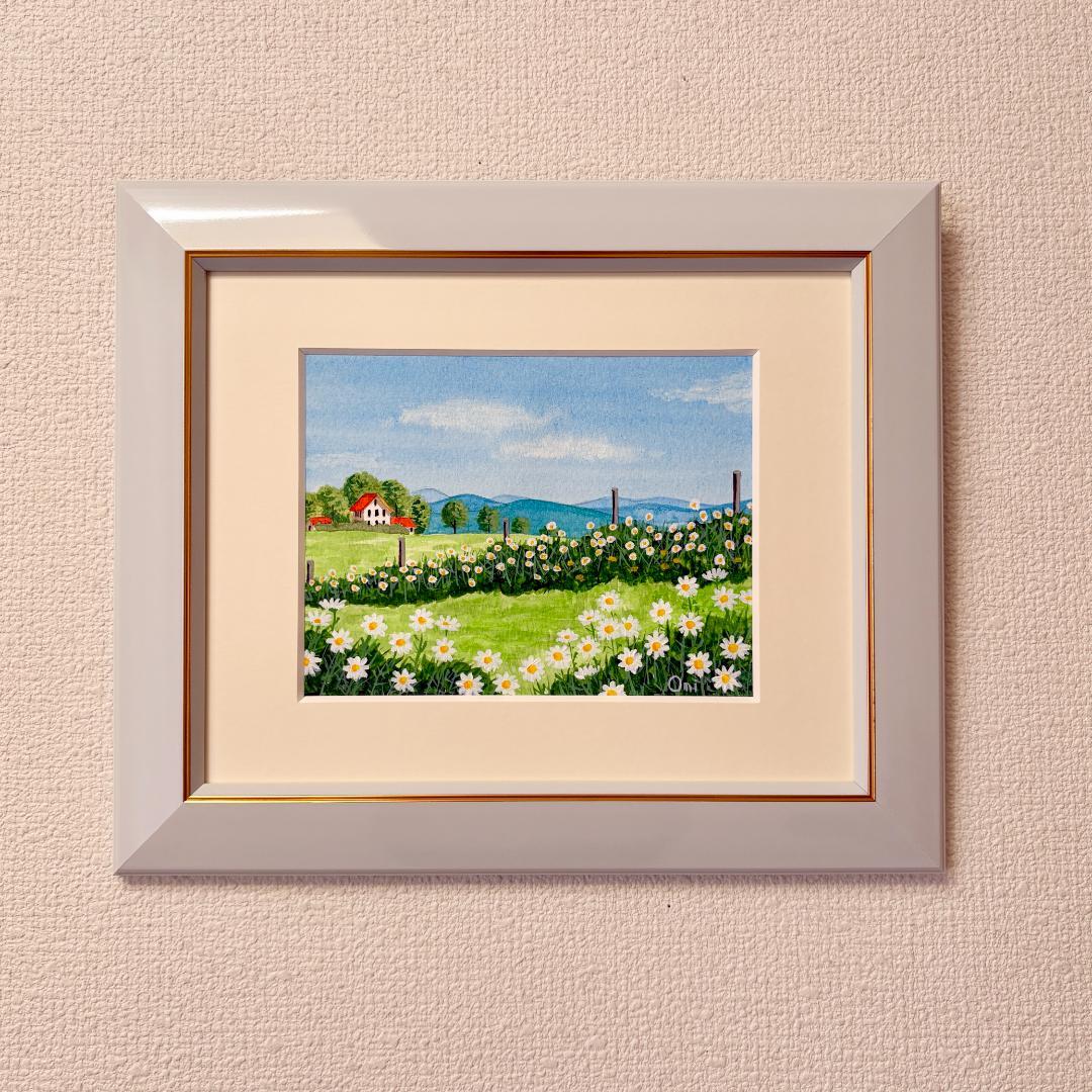 アクリル画　原画　「マーガレットの咲く高原02」額縁付　F0サイズ　風景画