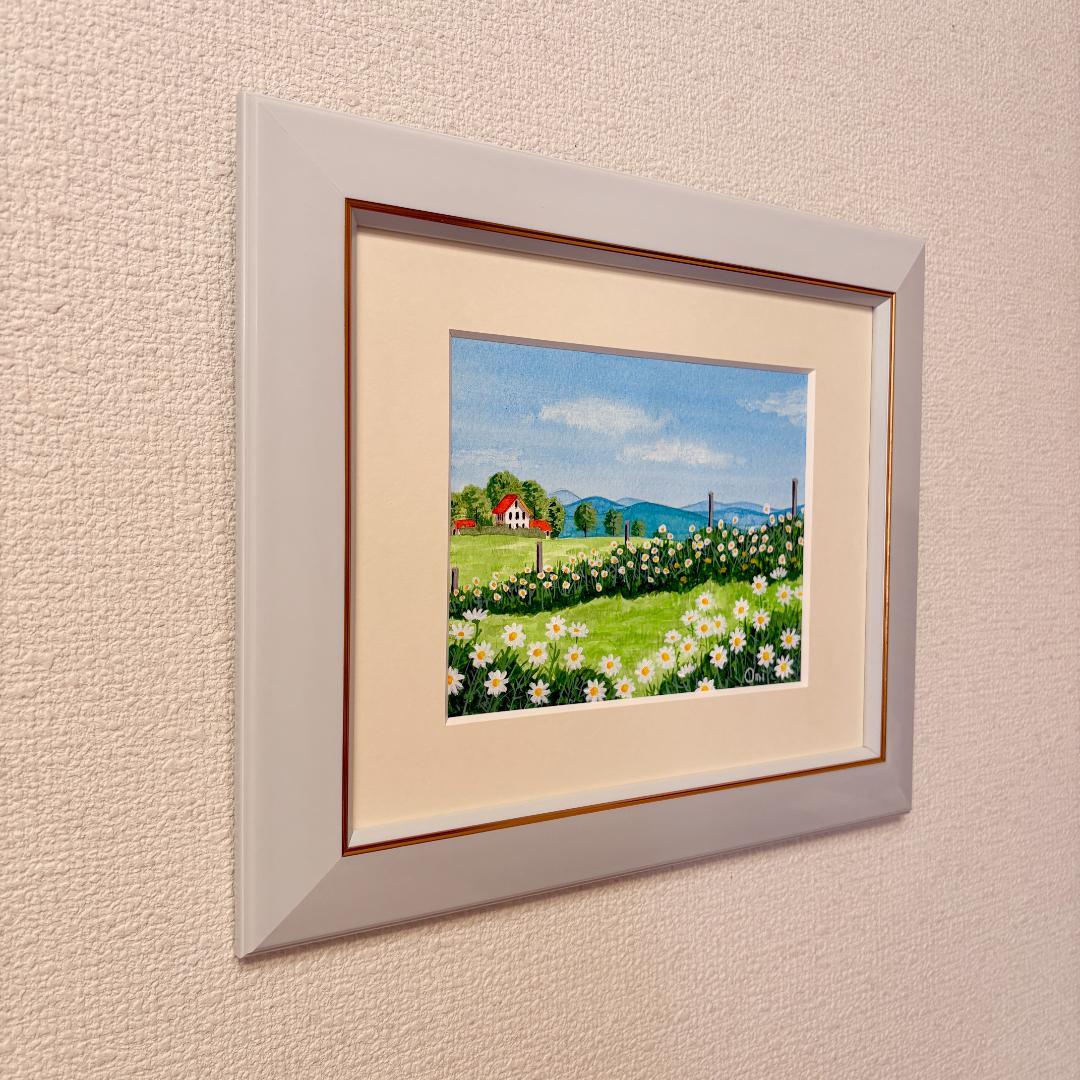 アクリル画　原画　「マーガレットの咲く高原02」額縁付　F0サイズ　風景画
