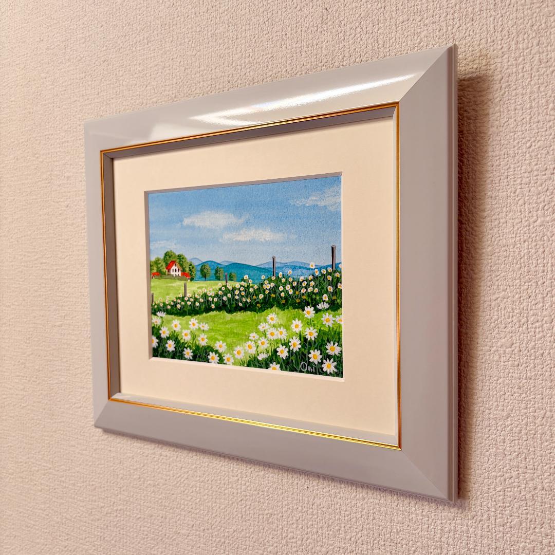 アクリル画　原画　「マーガレットの咲く高原02」額縁付　F0サイズ　風景画