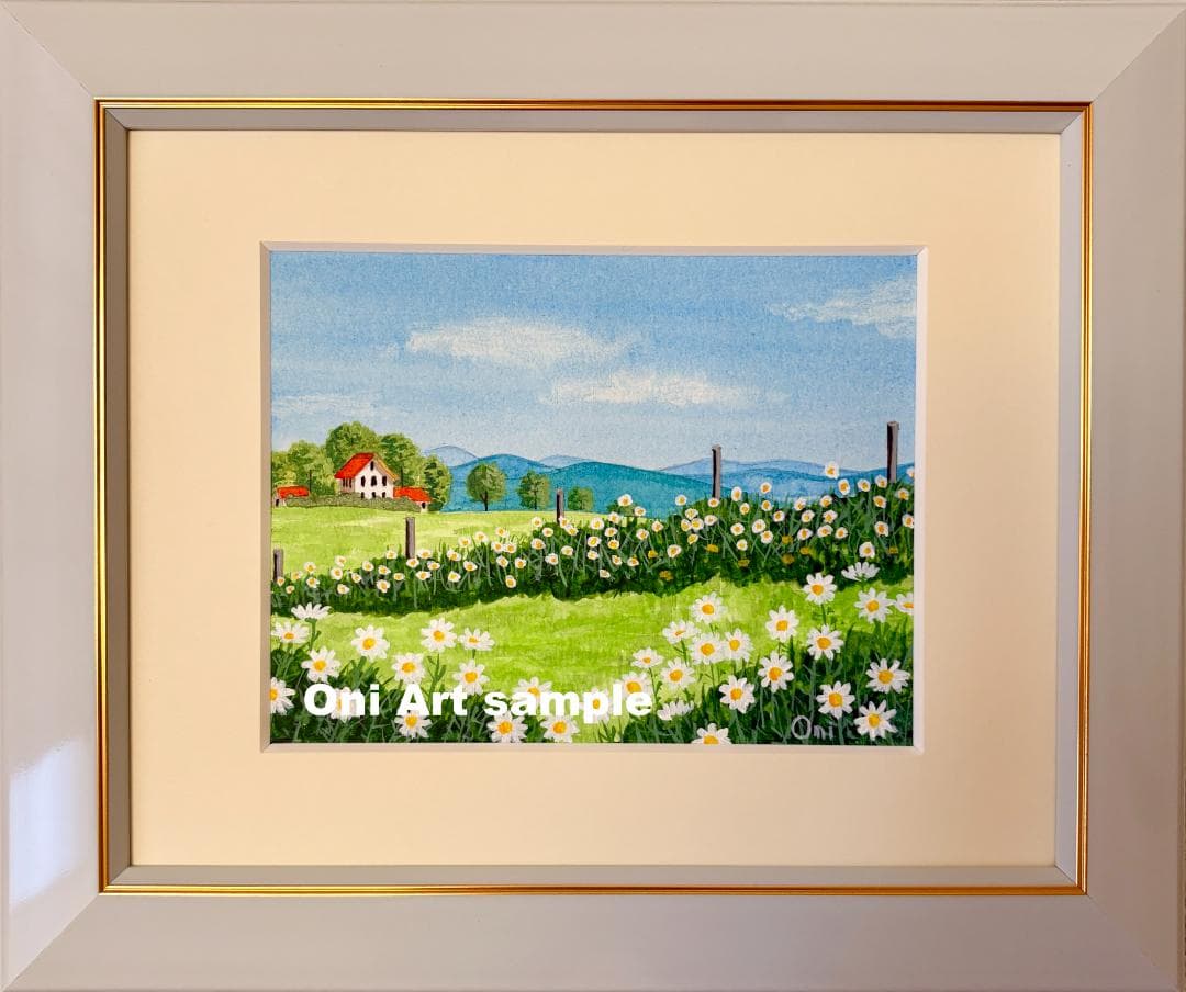 アクリル画　原画　「マーガレットの咲く高原02」額縁付　F0サイズ　風景画