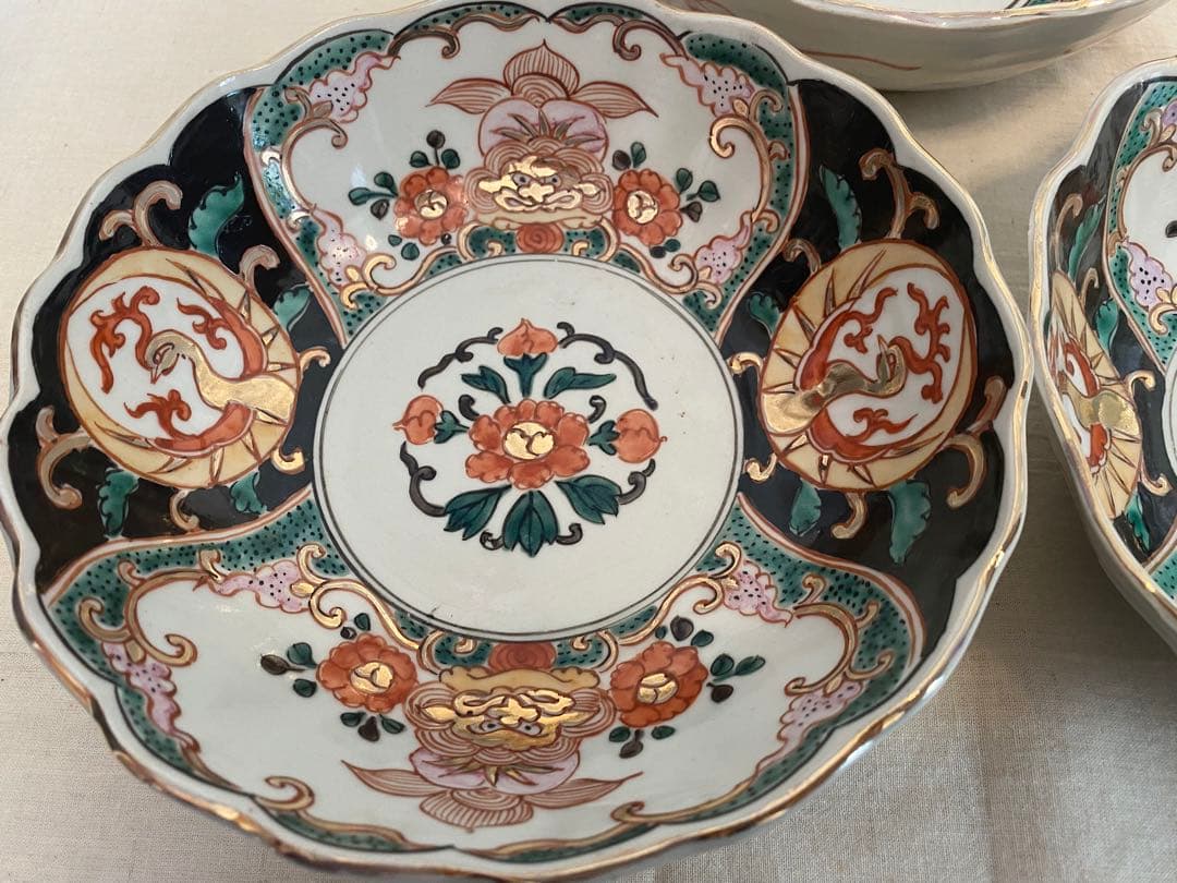 古伊万里　伊万里　色絵　金襴手　明治　なます皿　大丼　獅子、花の図　3客