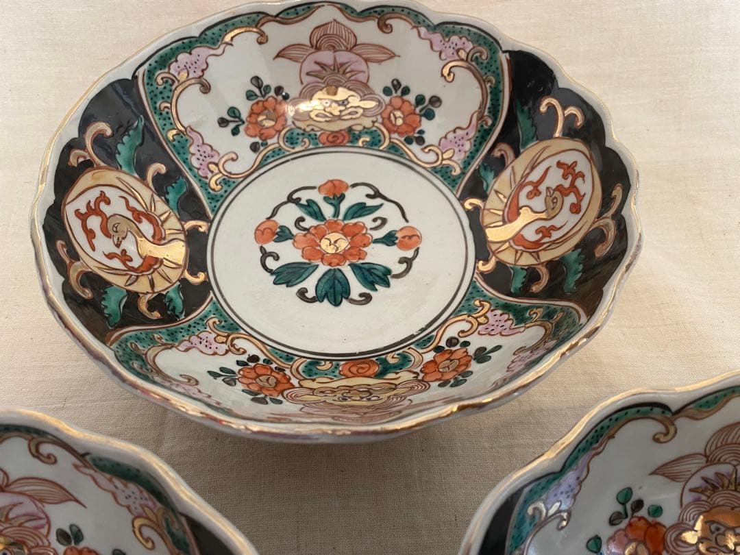 古伊万里　伊万里　色絵　金襴手　明治　なます皿　大丼　獅子、花の図　3客
