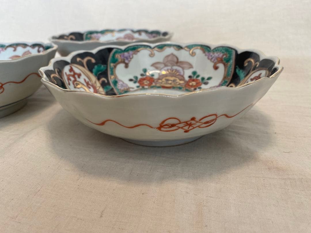 古伊万里　伊万里　色絵　金襴手　明治　なます皿　大丼　獅子、花の図　3客