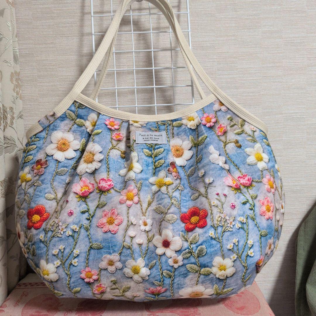 かず様　お花刺繍柄　LＬサイズ 　グラニーバッグ　ハンドメイド
