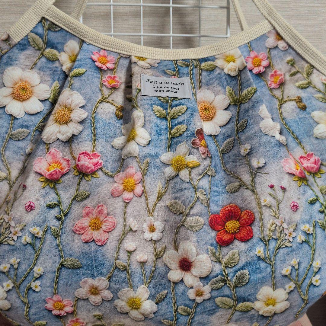 かず様　お花刺繍柄　LＬサイズ 　グラニーバッグ　ハンドメイド