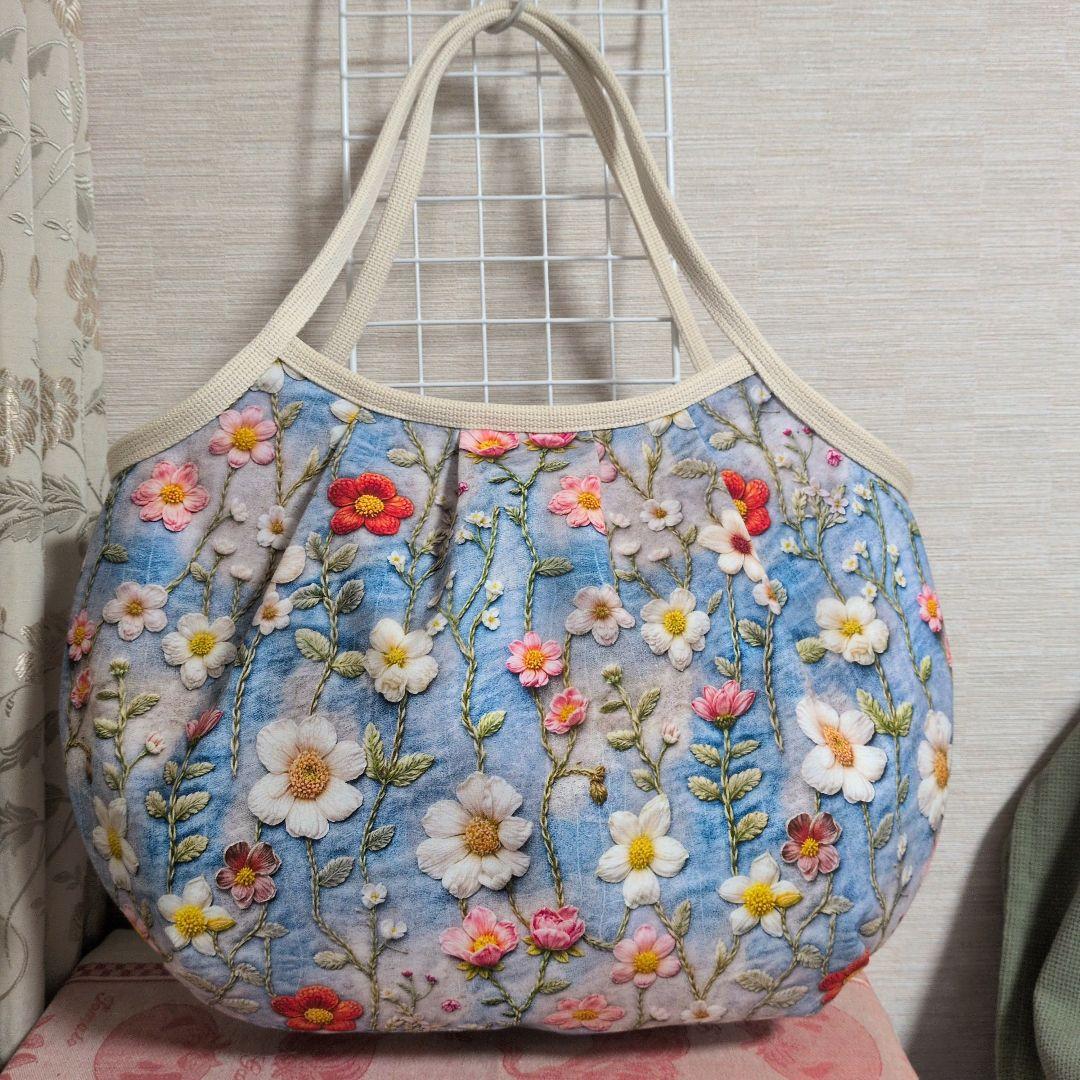 かず様　お花刺繍柄　LＬサイズ 　グラニーバッグ　ハンドメイド
