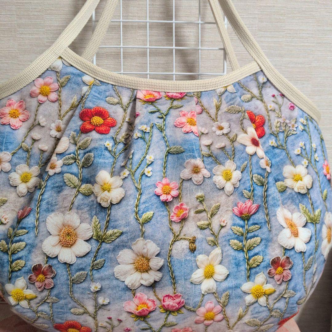 かず様　お花刺繍柄　LＬサイズ 　グラニーバッグ　ハンドメイド