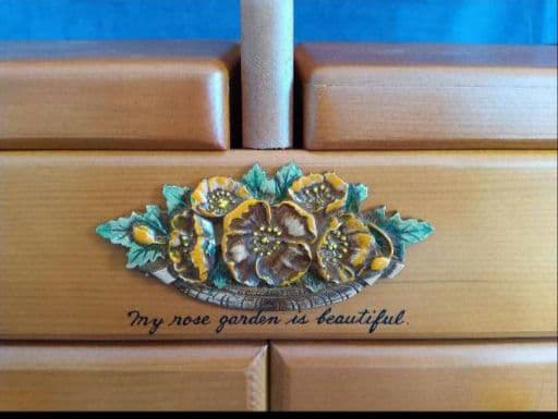 木製裁縫箱　小物入れ　昭和レトロ　ソーイングBOX　薔薇モチーフ　アンティーク