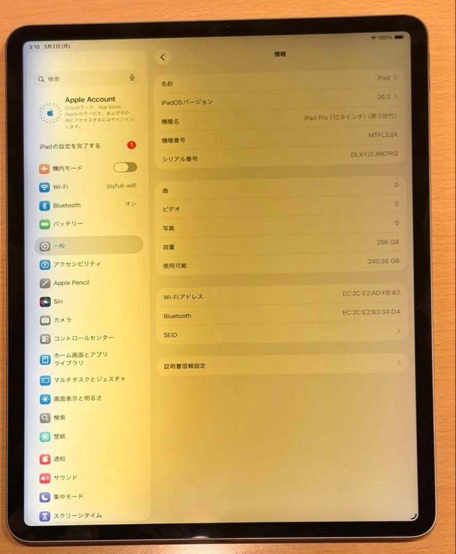 【iPad Pro (第3世代) 256GB 12.9インチ】