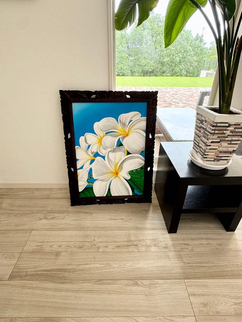 バリ アジアン プルメリア 額付き絵画　アート レリーフ 木彫り 壁飾り 花柄