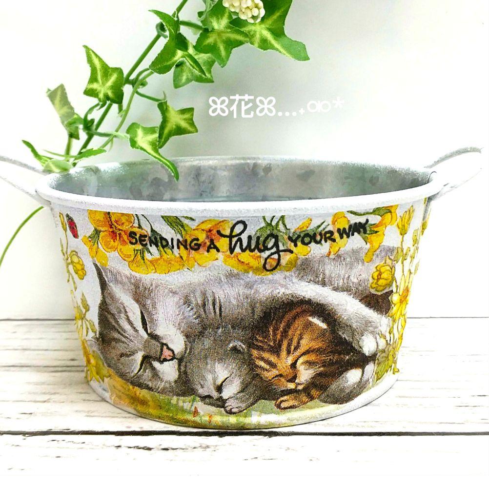 デコパージュꔛ‬ꕤ ガーデン雑貨 ♡取っ手付きリメイク缶♡鉢カバー♡小物入れ♡猫