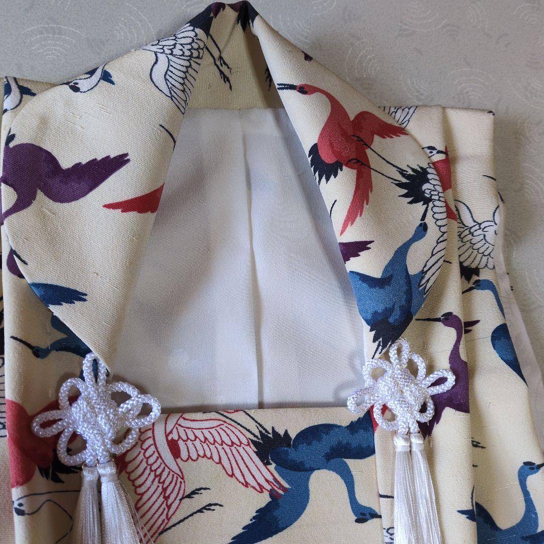 七五三３歳正絹アイボリー地に鶴柄手縫いの被布（中綿無し）