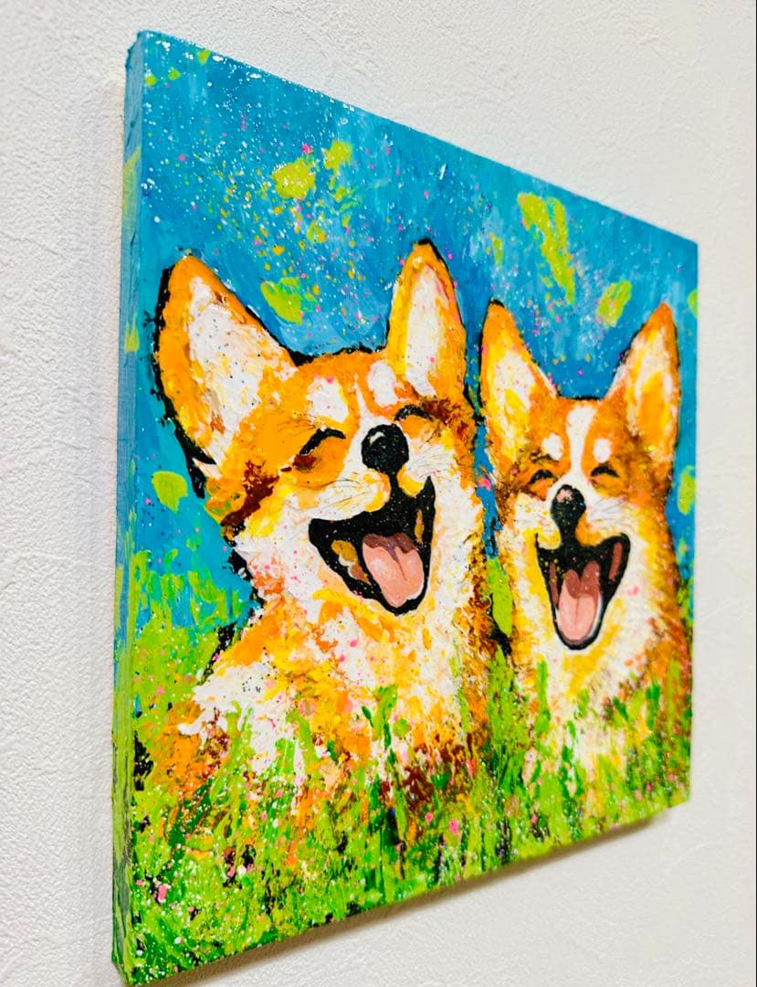 コーギー犬の絵画24x24cm 【 コーギースマイル便、ただいま届きました❣️ 】