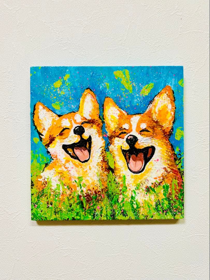コーギー犬の絵画24x24cm 【 コーギースマイル便、ただいま届きました❣️ 】