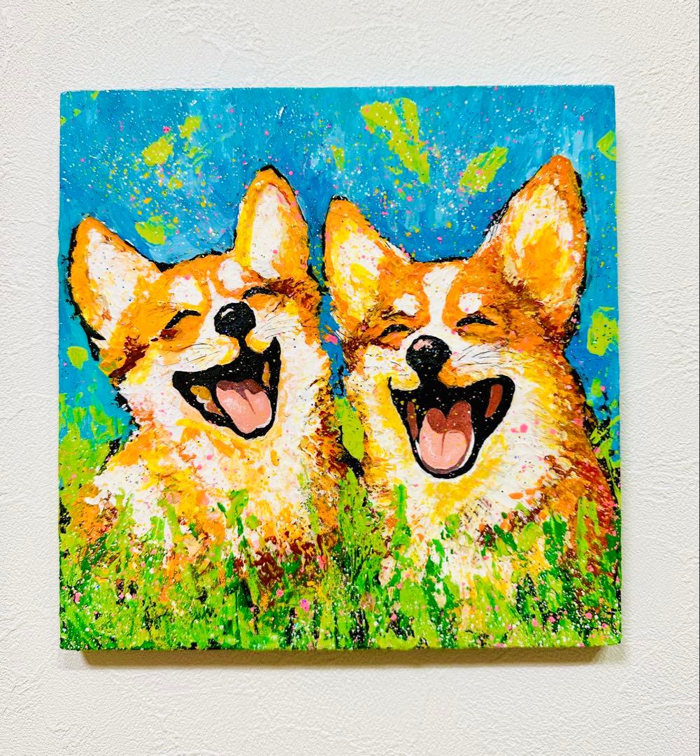 コーギー犬の絵画24x24cm 【 コーギースマイル便、ただいま届きました❣️ 】