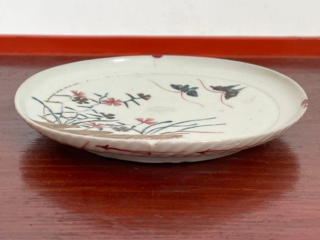 #3 骨董　アンティーク　色絵古九谷　撫子　蝶々図　丸皿　五寸皿　角福　古九谷