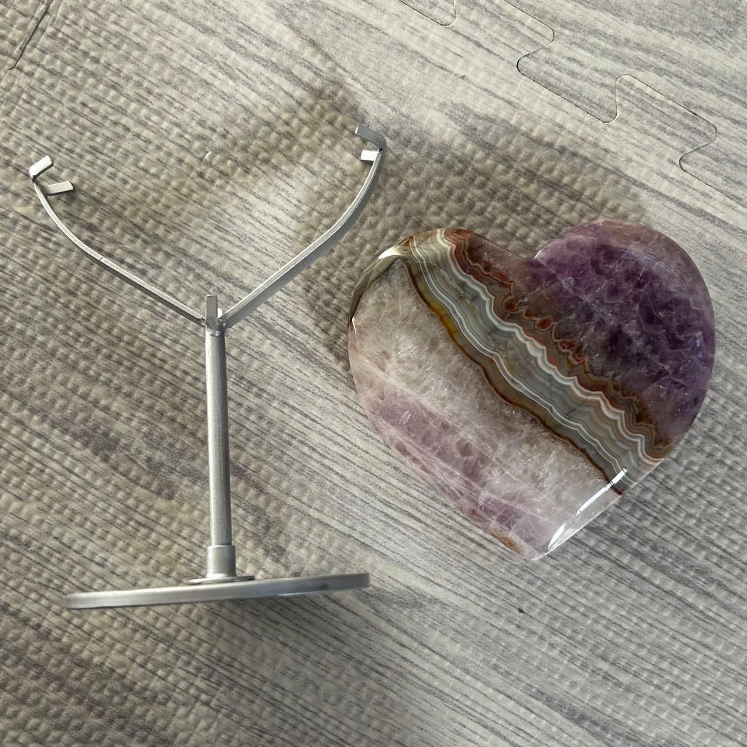 《美品》　アメジスト　アゲート　共生　ハート　台座付き