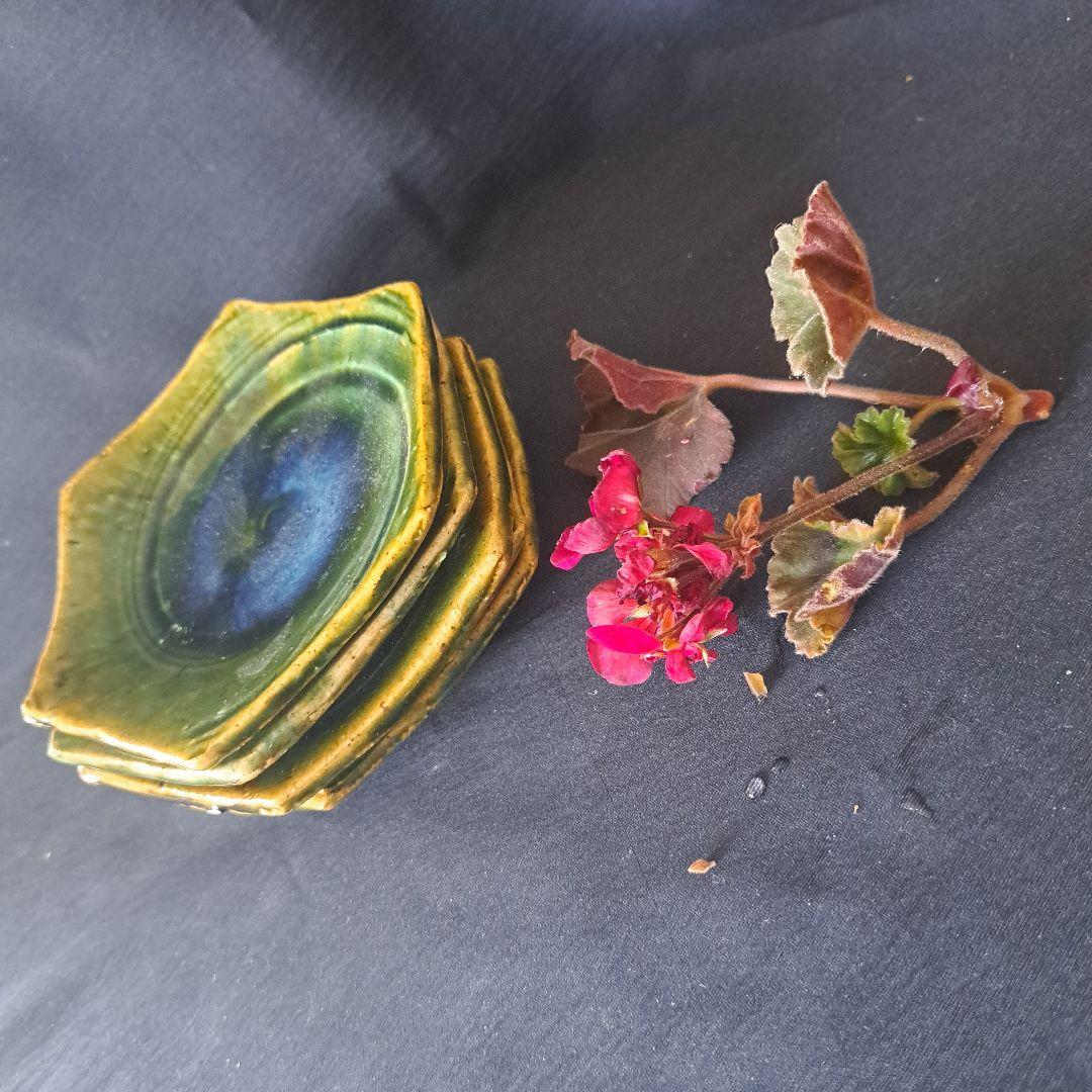 「織部焼 窯変(ようへん)の美！」六角銘々皿 5客セット骨董アンティーク