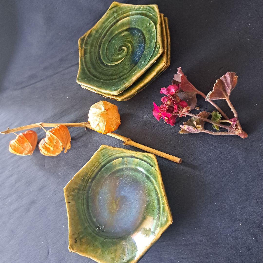 「織部焼 窯変(ようへん)の美！」六角銘々皿 5客セット骨董アンティーク