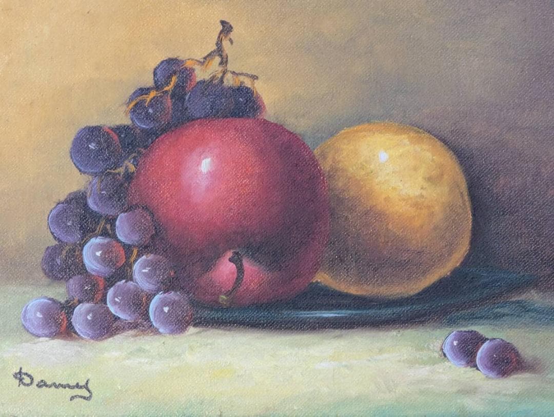 【真作】絵画　油彩SM　果実の静物　葡萄・林檎・柑橘のクラシックな美　Y59