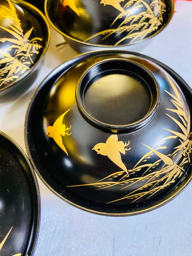 木製　お椀　骨董　吸物椀　時代蒔絵　小鳥　5脚 金彩　G39【新品、未使用】