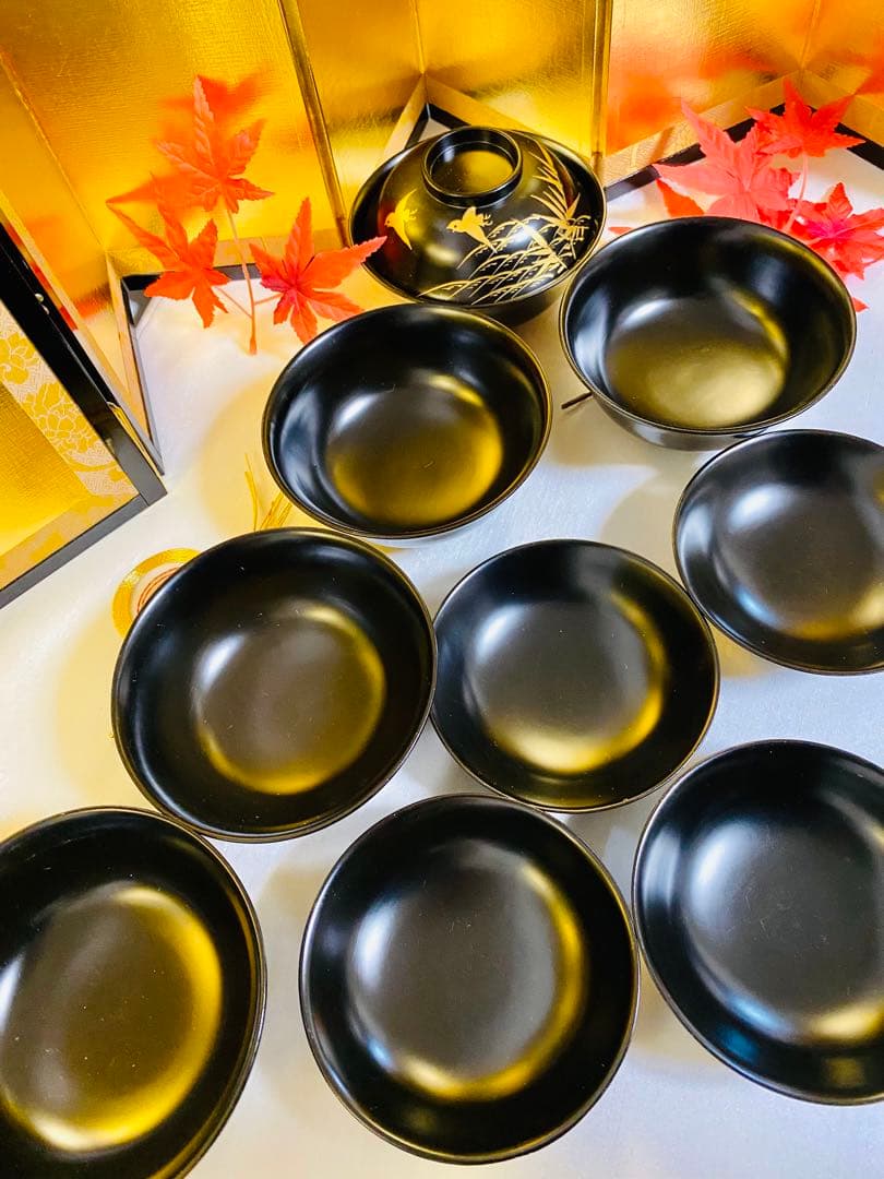 木製　お椀　骨董　吸物椀　時代蒔絵　小鳥　5脚 金彩　G39【新品、未使用】