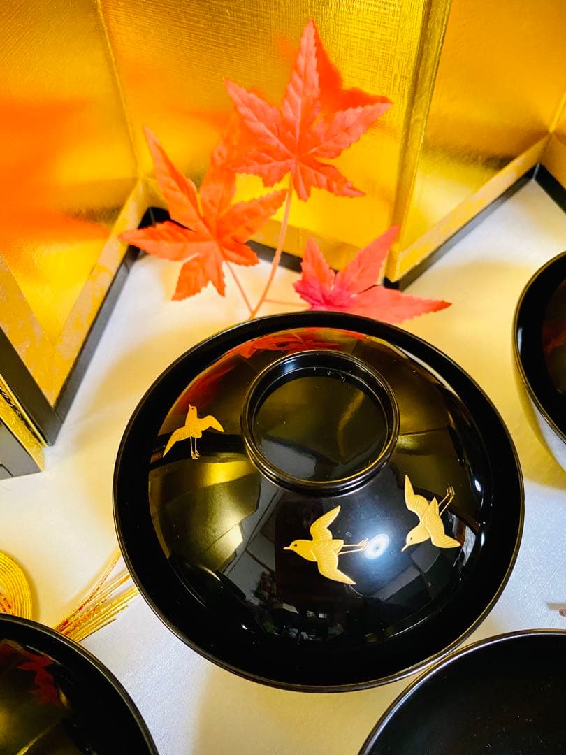 木製　お椀　骨董　吸物椀　時代蒔絵　小鳥　5脚 金彩　G39【新品、未使用】