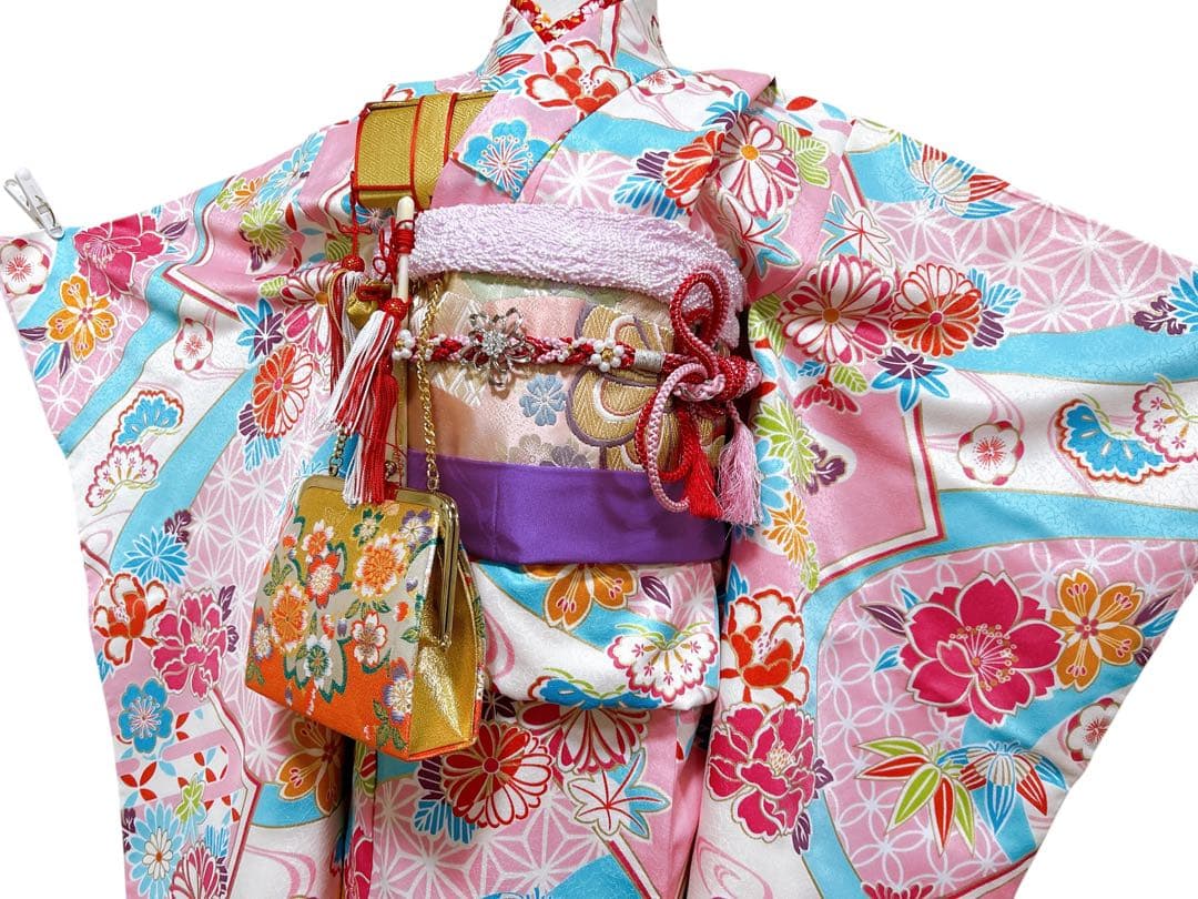 パール付帯締め♡七五三　7歳　女の子　フルセット　水色　ピンク　紫