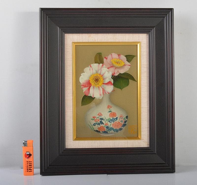 黒田悦子作　油彩SM号　『椿』　額装　箱付　V R4433C