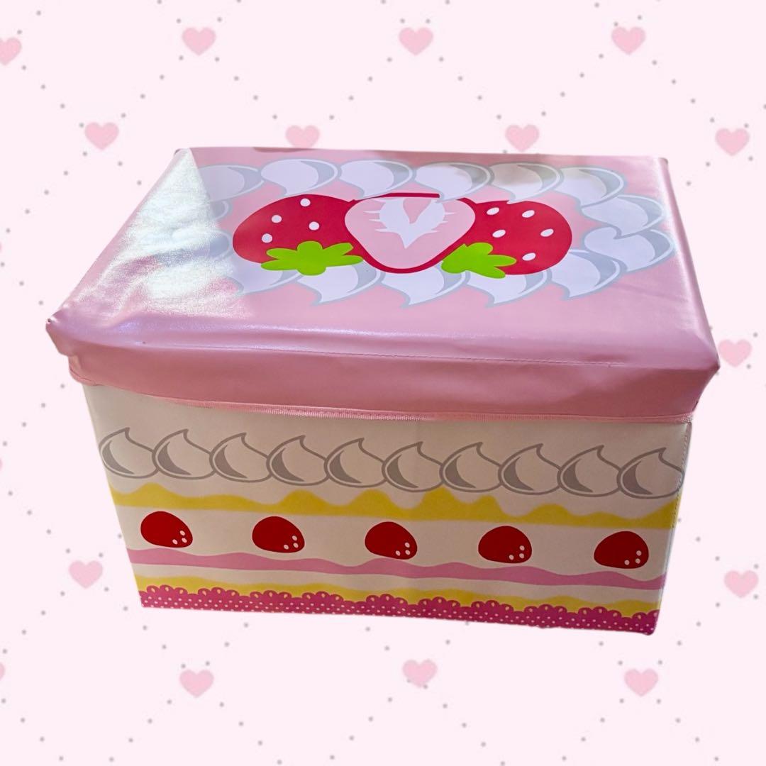 いちご柄スツール　大きめサイズ　座れる収納ボックス　折りたたみ可能