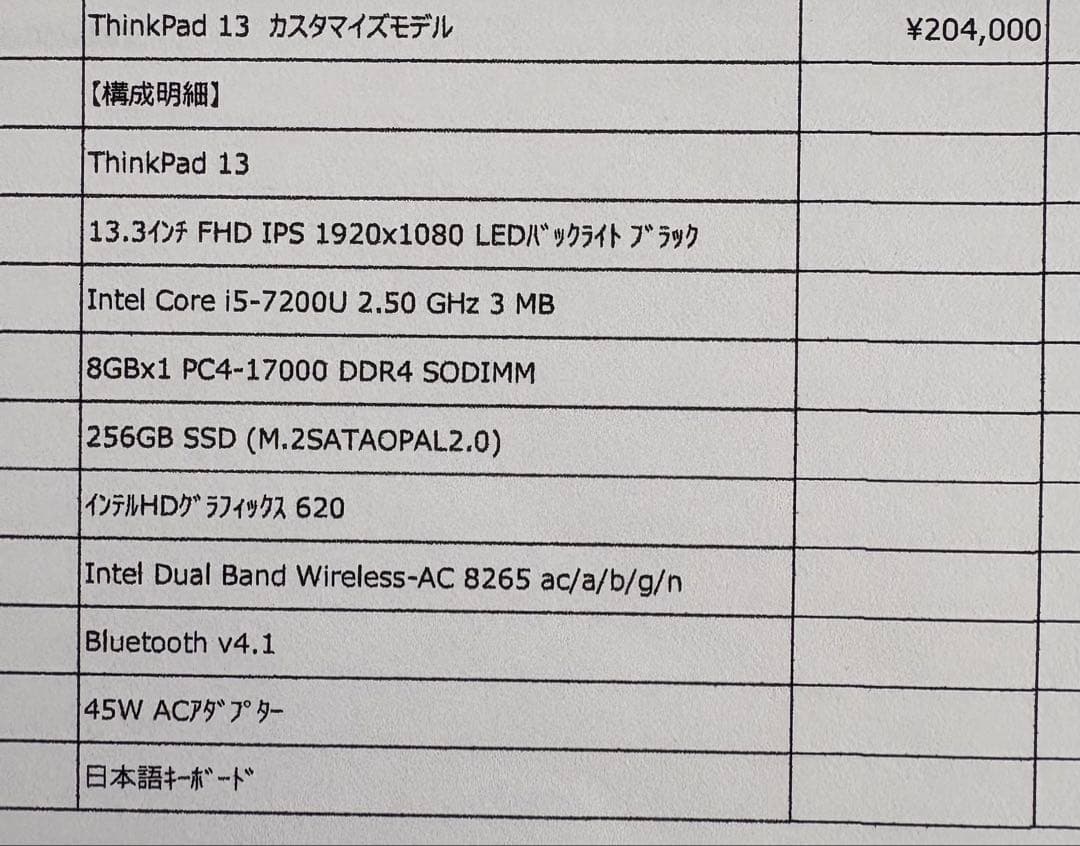モバイルノートThinkPad13 Core i5-7200U