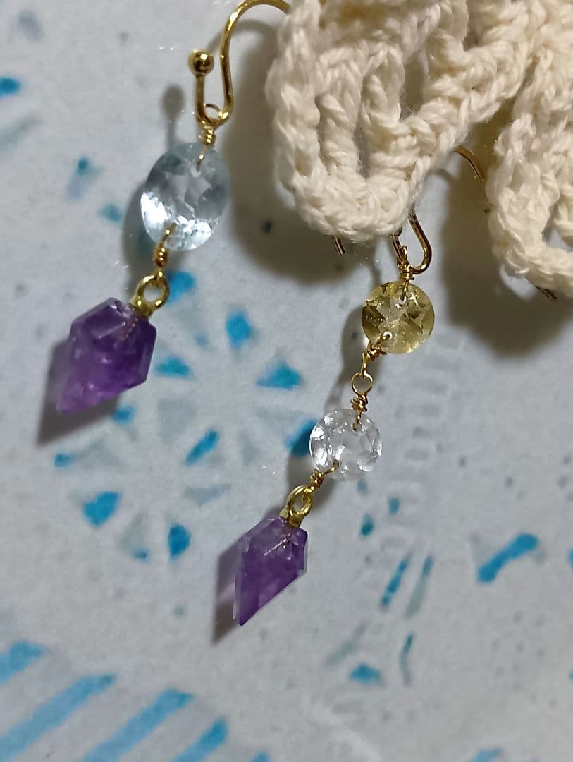 502/14kgf宝石質クリスタル×ブルートパーズ×Pアメジストのチャーム他