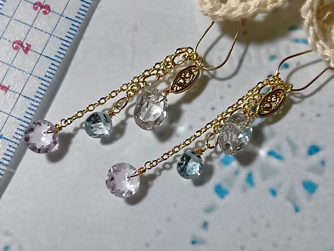 502/14kgf宝石質クリスタル×ブルートパーズ×Pアメジストのチャーム他