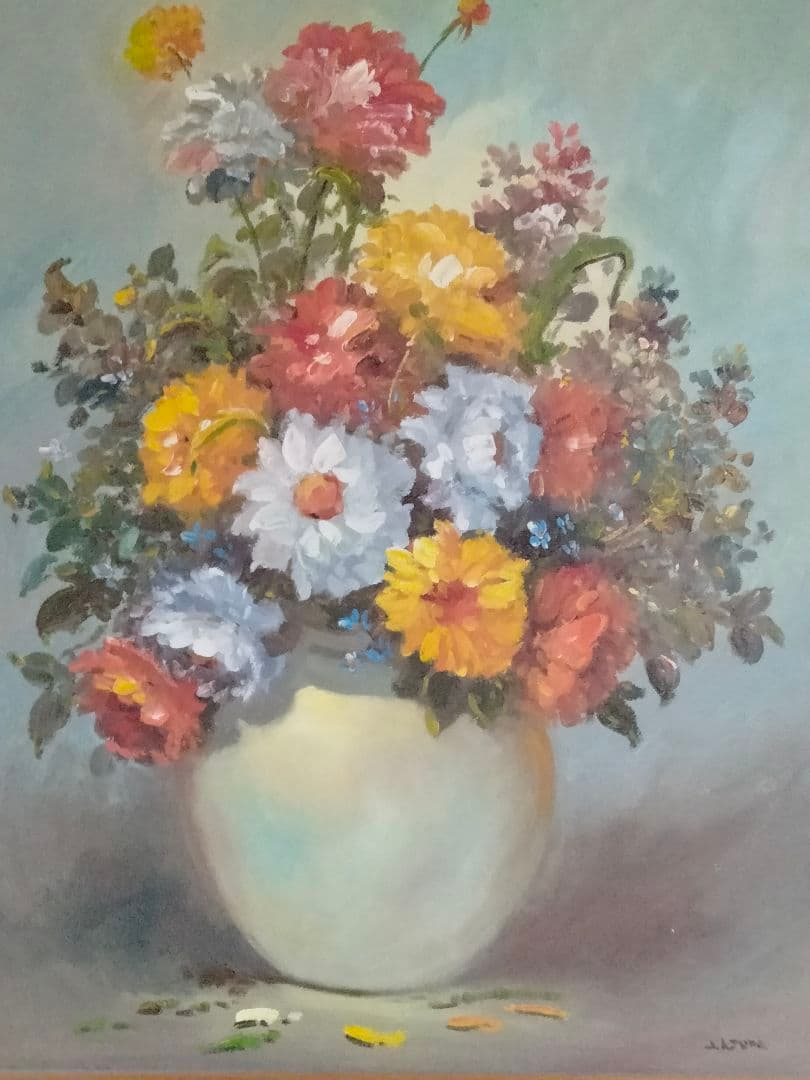 花瓶の花 油彩画 J.アズマ