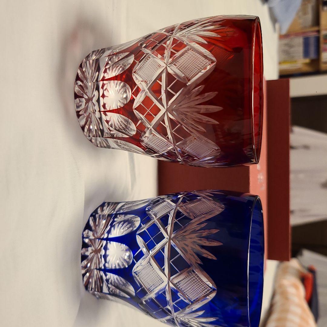 ☆新品 未使用☆江戸切子 赤青グラスセット