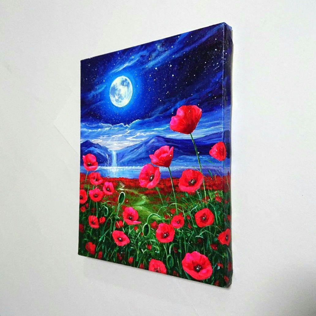 【ポピーが見る月】アクリル画 F3 風景画 絵画