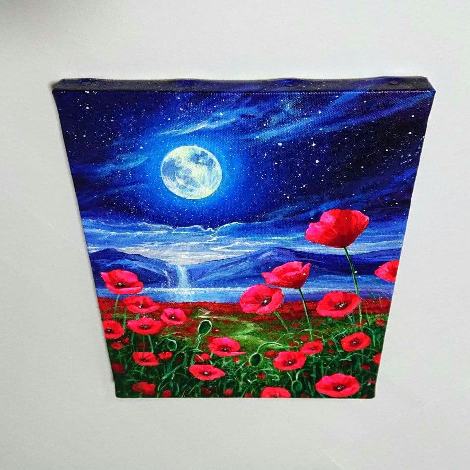 【ポピーが見る月】アクリル画 F3 風景画 絵画