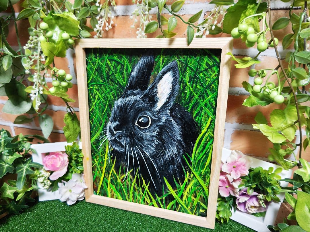 油絵 絵画【黒うさぎ】