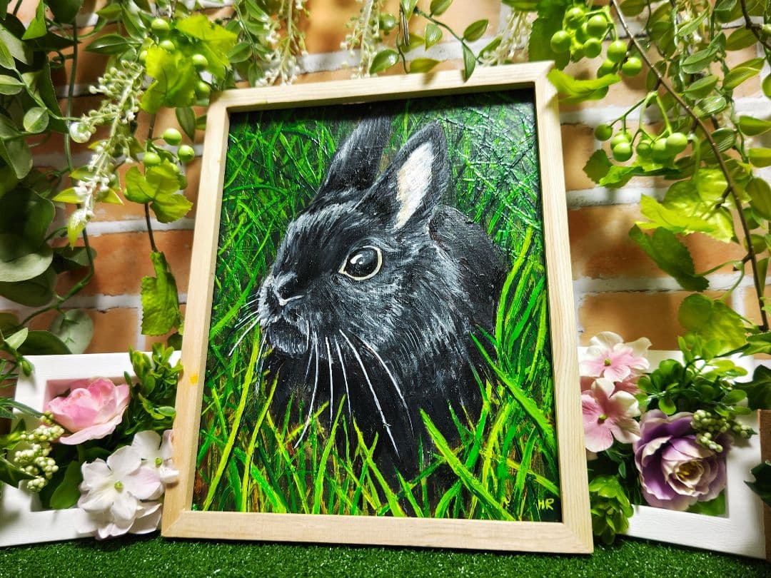 油絵 絵画【黒うさぎ】