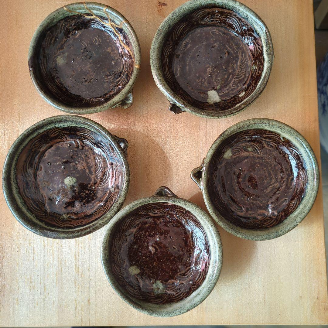 骨董　向付　三っ脚　片口　皿　器　波紋様　木箱　金継ぎ　懐石膳　5つ