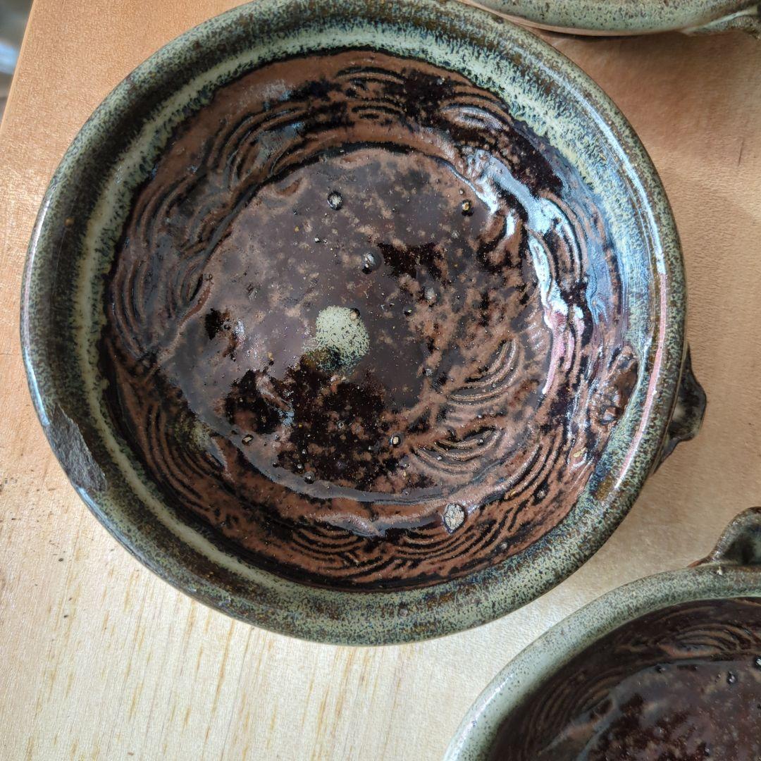 骨董　向付　三っ脚　片口　皿　器　波紋様　木箱　金継ぎ　懐石膳　5つ