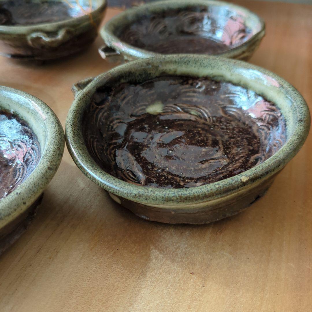 骨董　向付　三っ脚　片口　皿　器　波紋様　木箱　金継ぎ　懐石膳　5つ