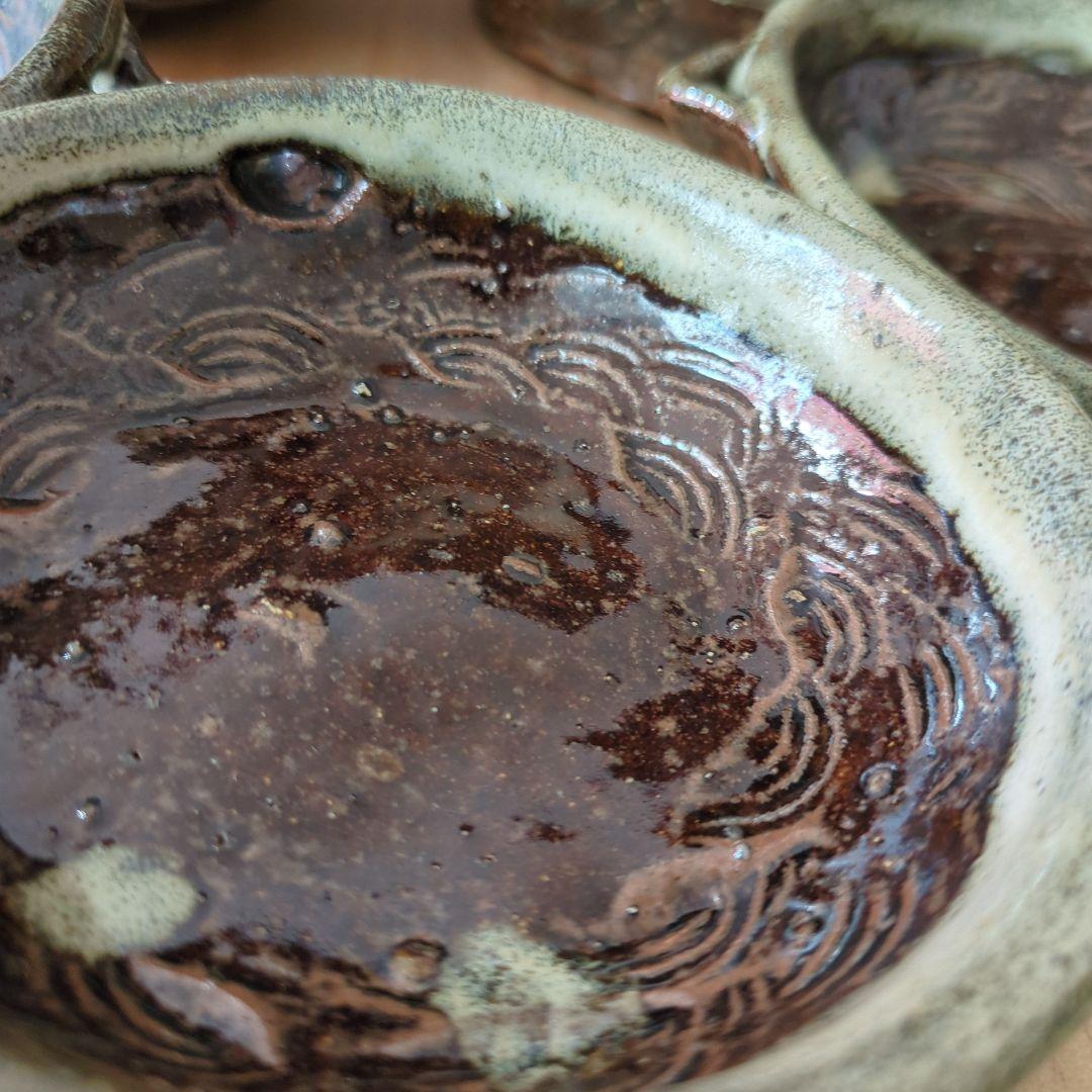 骨董　向付　三っ脚　片口　皿　器　波紋様　木箱　金継ぎ　懐石膳　5つ